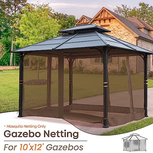 Akeacubo Patio Mosquito Netting for Gazebo 10'x12' - Outdoor Patio Netting Screen for Porch, Universal Replacement Mosquito Curtains with Zipper, Durable 4-Panel Mosquito Screen for Patio (Brown)