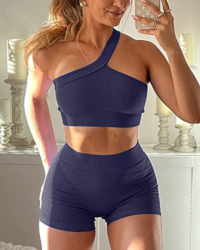 Two Pieces Workout Set For Women Sports Outfits Seamless Tank Top With Running Short Matching Yoga Sets (Navy blue02, M)