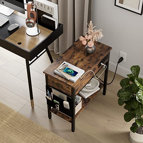 Entcook Side Table with Charging Station, End Table with Storage Drawer & 2 USB Ports & 2 Power Outlets, Narrow Nightstand for Small Spaces in Living Room, Bedroom Vintage