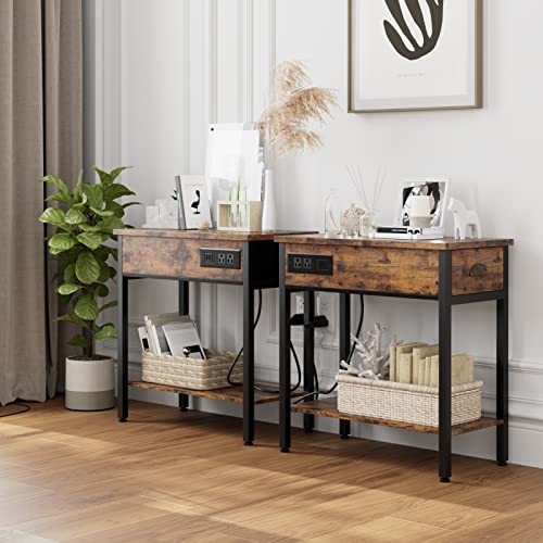 Entcook Side Table with Charging Station, End Table with Storage Drawer & 2 USB Ports & 2 Power Outlets, Narrow Nightstand for Small Spaces in Living Room, Bedroom Vintage