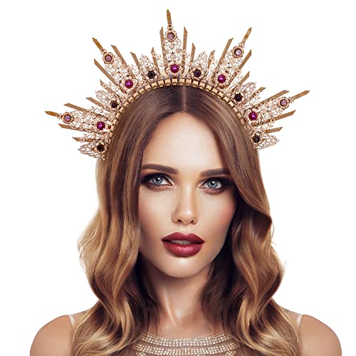 COSUCOS Spike Halo Crown Headpiece - Gold Sunburst Headwear Queen Headband Virgin Mary Headpiece for Women Wedding Photoshoot Hallowoon Cosplay Renaissance Costume