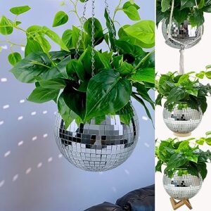 coutinfly Disco Ball Planter 8", Creative Mirror Ball Flower Pot Holder for Hanging Plant with Chain, Macrame Rope, Wooden Stand, Cute Plant Hanger for Indoor Outdoor Window Home Decor, 1 Piece