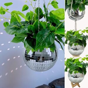 coutinfly disco ball planter 8", creative mirror ball flower pot holder for hanging plant with chain, macrame rope, wooden stand, cute plant hanger for indoor outdoor window home decor, 1 piece