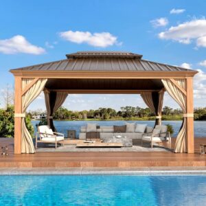 Erinnyees 12' x 14' Aluminum Wood Grain Hardtop Gazebo, Outdoor Aluminum Double Roof with Privacy Curtain and Mosquito Net for Patio, Lawn, Garden, Backyard(Wood Looking)
