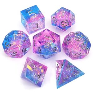haxtec sparkling sharp edge dice set - handmade resin dnd dice with iridescent mylar inclusion, light purple and blue color mix-enchanted stardust