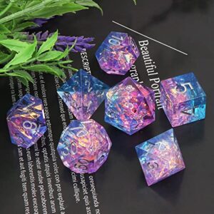 Haxtec Sparkling Sharp Edge Dice Set - Handmade Resin DND Dice with Iridescent Mylar Inclusion, Light Purple and Blue Color Mix-Enchanted Stardust