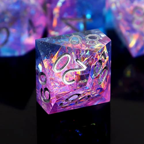 Haxtec Sparkling Sharp Edge Dice Set - Handmade Resin DND Dice with Iridescent Mylar Inclusion, Light Purple and Blue Color Mix-Enchanted Stardust