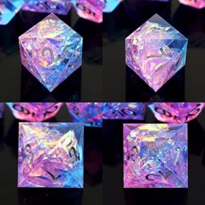 Haxtec Sparkling Sharp Edge Dice Set - Handmade Resin DND Dice with Iridescent Mylar Inclusion, Light Purple and Blue Color Mix-Enchanted Stardust