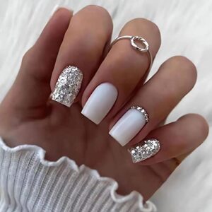 square white press on nails medium fake nails with silvery glitter designs glossy full cover acrylic false nails with rhinestones designs reusable glue on nails for women 24pcs