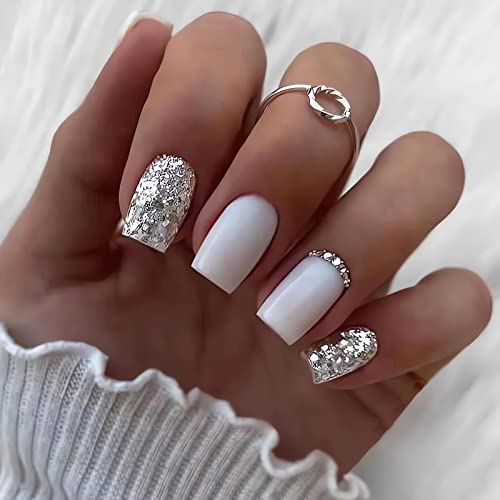 Square White Press on Nails Medium Fake Nails with Silvery Glitter Designs Glossy Full Cover Acrylic False Nails with Rhinestones Designs Reusable Glue on Nails for Women 24PCS