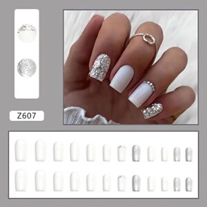 Square White Press on Nails Medium Fake Nails with Silvery Glitter Designs Glossy Full Cover Acrylic False Nails with Rhinestones Designs Reusable Glue on Nails for Women 24PCS