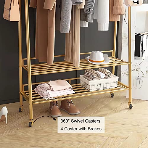 KaKaBB Gold Clothing Racks for Hanging Clothes, Heavy Duty Garment Rack, Rolling Clothes Rack with Storage Shelf on Wheels, Organizer Closet, Golden(31.5in)