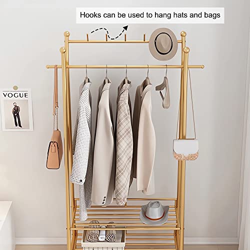 KaKaBB Gold Clothing Racks for Hanging Clothes, Heavy Duty Garment Rack, Rolling Clothes Rack with Storage Shelf on Wheels, Organizer Closet, Golden(31.5in)