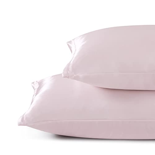 HommxJF Blush Pink Satin Pillowcase Standard Set of 2 with Envelope Closure，Blush Pink Silk Pillowcase for Hair and Skin (20x26)