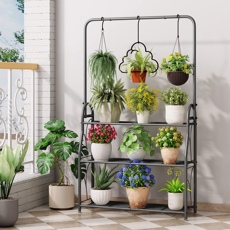 SORCEDAS Plant Stand 3 Tier Indoor Outdoor Tall Corner Hanging Plant Shelf Metal Flower Stands Ladder Plant Holder for Room Balcony Garden Patio Multiple Plants, Dark Grey