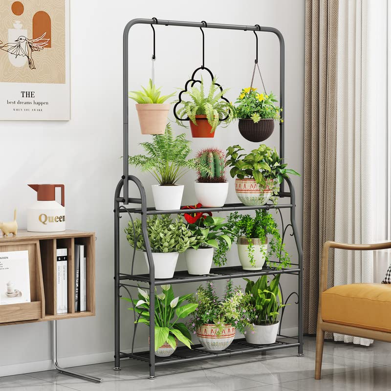 SORCEDAS Plant Stand 3 Tier Indoor Outdoor Tall Corner Hanging Plant Shelf Metal Flower Stands Ladder Plant Holder for Room Balcony Garden Patio Multiple Plants, Dark Grey