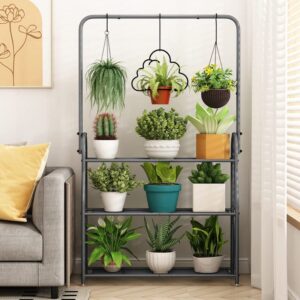 SORCEDAS Plant Stand 3 Tier Indoor Outdoor Tall Corner Hanging Plant Shelf Metal Flower Stands Ladder Plant Holder for Room Balcony Garden Patio Multiple Plants, Dark Grey