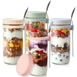 landneoo 4 pack overnight oats containers with lids and spoons, 24 oz glass mason jars for overnight oats, large capacity airtight jars for milk, cereal, fruit