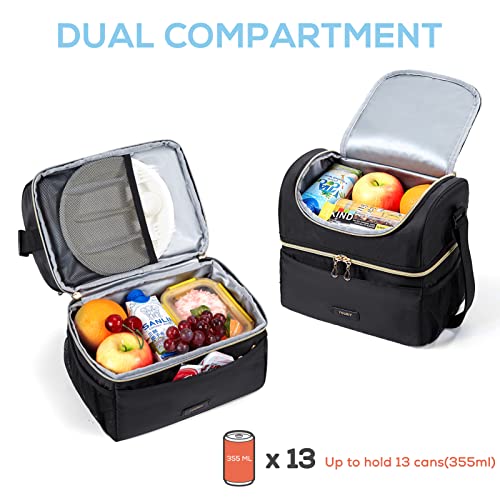 TOURIT Dual Compartment Lunch Bag Women Insulated Lunch Box Cooler Bag for Men, Women, Work, Picnic, Black