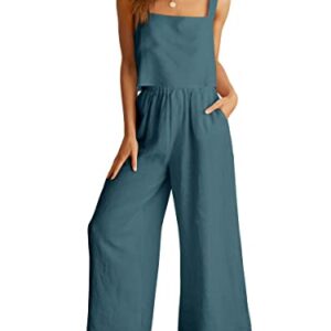 ANRABESS Women's Two Piece Outfits Summer Vacation Cruise Resort Wear 2023 Clothes Casual Linen Tank Crop Top Wide Leg Pants Matching Lounge Set Jumpsuit 732qinglan-L
