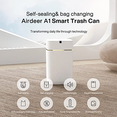 Airdeer Automatic Trash Can, 4 Gallon Self Sealing and Self-Changing Smart Trash Can, Motion Sensor, Touchless Garbage can with lid for Kitchen Bathroom Office, 6 Refill Bag Rings(Golden line)