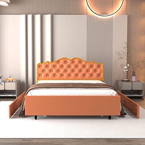 Queen Size Metal Platform Bed Frame, with Upholstered Headboard, 4 Storage Drawers, Heavy Duty Mattress Foundation w/Wood Slat Support, No Box Spring, Coffee