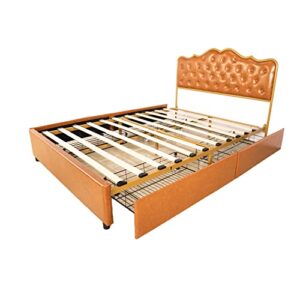 Queen Size Metal Platform Bed Frame, with Upholstered Headboard, 4 Storage Drawers, Heavy Duty Mattress Foundation w/Wood Slat Support, No Box Spring, Coffee