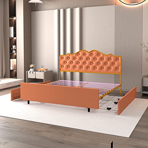 Queen Size Metal Platform Bed Frame, with Upholstered Headboard, 4 Storage Drawers, Heavy Duty Mattress Foundation w/Wood Slat Support, No Box Spring, Coffee
