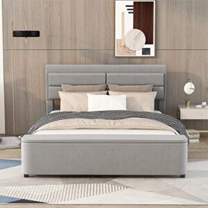 lepfun queen size upholstered bed with storage headboard and footboard, velvet queen platform bed frame, wood support legs, no box spring needed (grey)