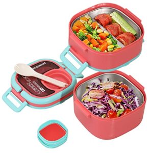 stackable lunch container for adults with 45oz large capacity stainless steel bento box adult lunch box, leak-proof durable all-in-one bento box built in divider, spoon, dressing container (pink)
