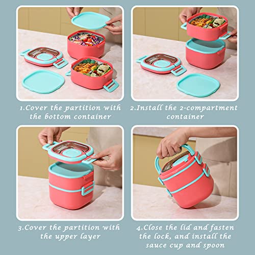Stackable Lunch Container for Adults with 45oz Large Capacity Stainless Steel bento box Adult lunch box, Leak-Proof Durable All-in-One Bento Box Built In Divider, Spoon, Dressing Container (Pink)