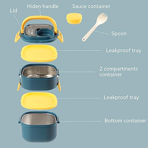 Stackable Lunch Container for Adults with 45oz Stainless Steel Salad Container for Lunch Bento Box, Leak-Proof Durable All-in-One Lunch Box Built In Divider, Spoon, Dressing Container (Blue)