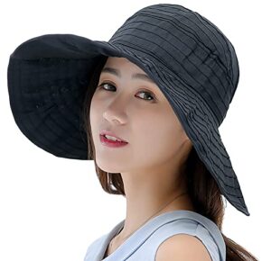 floppy sun hat with ponytail hole for women, packable shapable sun beach visor hats for women travel black