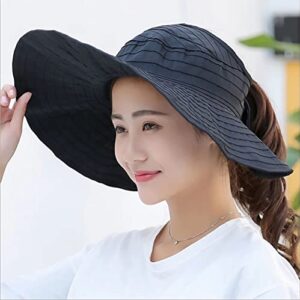 Floppy Sun Hat with Ponytail Hole for Women, Packable Shapable Sun Beach Visor Hats for Women Travel Black