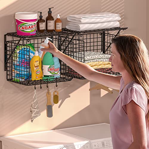 2 Pack Laundry Room Shelves Wall Mounted with Wire Baskets, Over the Washer and Dryer Shelf with Clothes Drying Rack, 8 Hooks, Wire Shelves Baskets for Laundry Closet Organization and Storage, Black