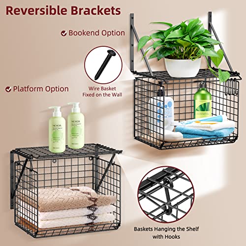 2 Pack Laundry Room Shelves Wall Mounted with Wire Baskets, Over the Washer and Dryer Shelf with Clothes Drying Rack, 8 Hooks, Wire Shelves Baskets for Laundry Closet Organization and Storage, Black