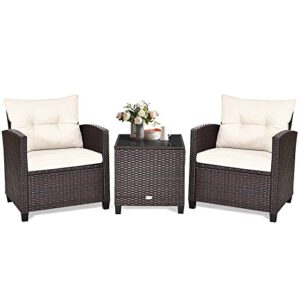 kotek 3 piece patio furniture set, outdoor conversation set with washable cushions & tempered glass tabletop, pe rattan wicker bistro set for porch, garden, balcony (white)