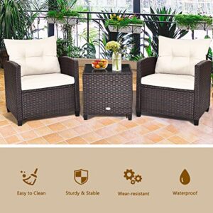 KOTEK 3 Piece Patio Furniture Set, Outdoor Conversation Set with Washable Cushions & Tempered Glass Tabletop, PE Rattan Wicker Bistro Set for Porch, Garden, Balcony (White)