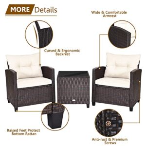 KOTEK 3 Piece Patio Furniture Set, Outdoor Conversation Set with Washable Cushions & Tempered Glass Tabletop, PE Rattan Wicker Bistro Set for Porch, Garden, Balcony (White)