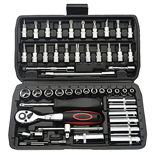 TILIBOTE Socket Wrench Set, 53PCS 1/4 Inch Ratcheting Wrench Set And Extension Bar Gimbal Slide Bar Extension Sockets, Set For Automotive Repair And Home Use.