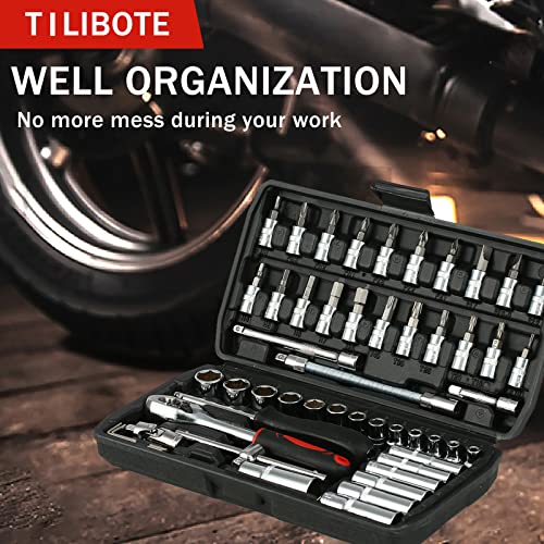 TILIBOTE Socket Wrench Set, 53PCS 1/4 Inch Ratcheting Wrench Set And Extension Bar Gimbal Slide Bar Extension Sockets, Set For Automotive Repair And Home Use.