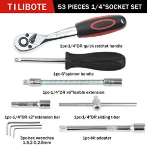 TILIBOTE Socket Wrench Set, 53PCS 1/4 Inch Ratcheting Wrench Set And Extension Bar Gimbal Slide Bar Extension Sockets, Set For Automotive Repair And Home Use.