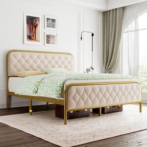 feonase queen size bed frame, upholstered bed frame with diamond tufted headboard, heavy duty metal slats, 12" storage space, no box spring needed, easy assembly, gold