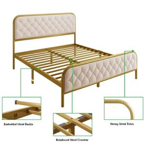 Feonase Queen Size Bed Frame, Upholstered Bed Frame with Diamond Tufted Headboard, Heavy Duty Metal Slats, 12" Storage Space, No Box Spring Needed, Easy Assembly, Gold