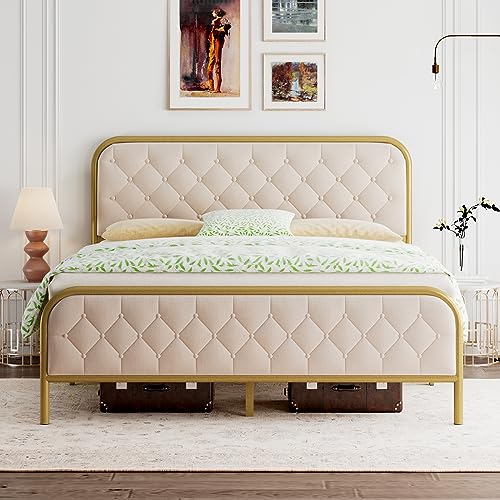 Feonase Queen Size Bed Frame, Upholstered Bed Frame with Diamond Tufted Headboard, Heavy Duty Metal Slats, 12" Storage Space, No Box Spring Needed, Easy Assembly, Gold