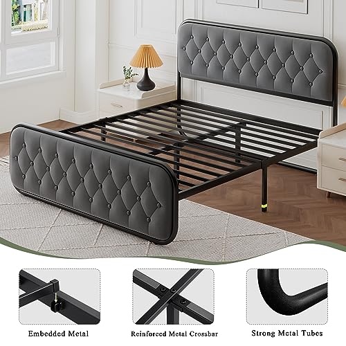 Feonase Queen Bed Frame, Heavy Duty Bed Frame with Buton Tufted Headboard, Upholstered Platform Bed with Strong Metal Slats, 12" Under-Bed Storage, Noise-Free, Easy Assembly, Grey