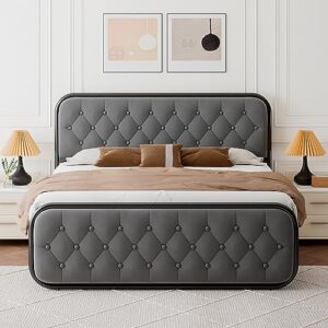 feonase queen bed frame, heavy duty bed frame with buton tufted headboard, upholstered platform bed with strong metal slats, 12" under-bed storage, noise-free, easy assembly, grey