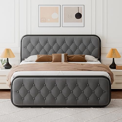 Feonase Queen Bed Frame, Heavy Duty Bed Frame with Buton Tufted Headboard, Upholstered Platform Bed with Strong Metal Slats, 12" Under-Bed Storage, Noise-Free, Easy Assembly, Grey