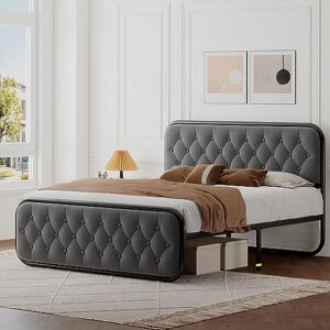 Feonase Queen Bed Frame, Heavy Duty Bed Frame with Buton Tufted Headboard, Upholstered Platform Bed with Strong Metal Slats, 12" Under-Bed Storage, Noise-Free, Easy Assembly, Grey