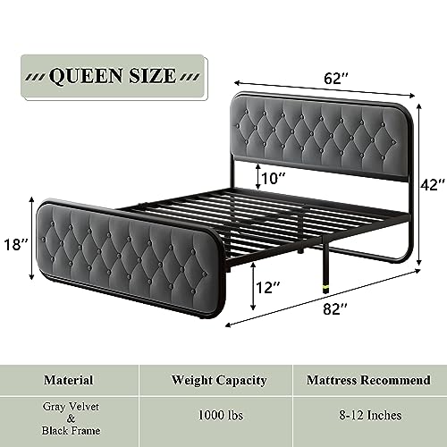 Feonase Queen Bed Frame, Heavy Duty Bed Frame with Buton Tufted Headboard, Upholstered Platform Bed with Strong Metal Slats, 12" Under-Bed Storage, Noise-Free, Easy Assembly, Grey